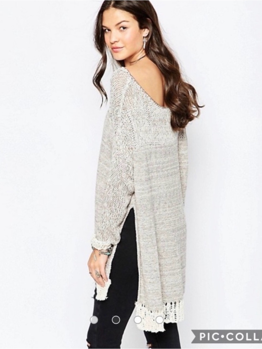 Free People Haiku Pullover Sweater Open Knit Tunic Ivory Boho, Side Slit, L
